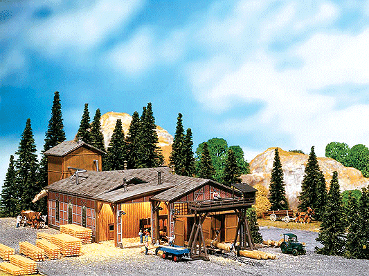Sawmill w/Built-On Sawdust Tower &  Small Railroad Crane/less motor -- 9-1/16 x 5-1/8 x 3-5/8"  23 x 13 x 9.2cm