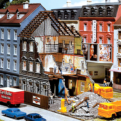 Townhouse Under Demolition - Weathered Model -- 6-1/8 x 3-5/16 x 4-1/2" 15.3 x 8.3 x 11.2cm