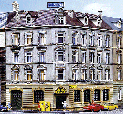 Urban Post Office/Corner House - Painted/Weathered -- 5 x 3-15/16 x 4-1/2"  12.7 x 10 x 11.5cm