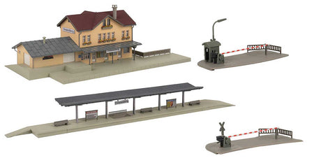 Dennenberg Railway Station Set -- Kit - Depot, Platform, Manned Grade Crossing Gates-2