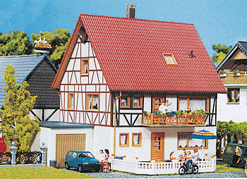 Two-Family House w/Half-Timber Framing & Garage -- 6-7/16 x 6-3/16 x 6"  16.5 x 15.5 x 15cm