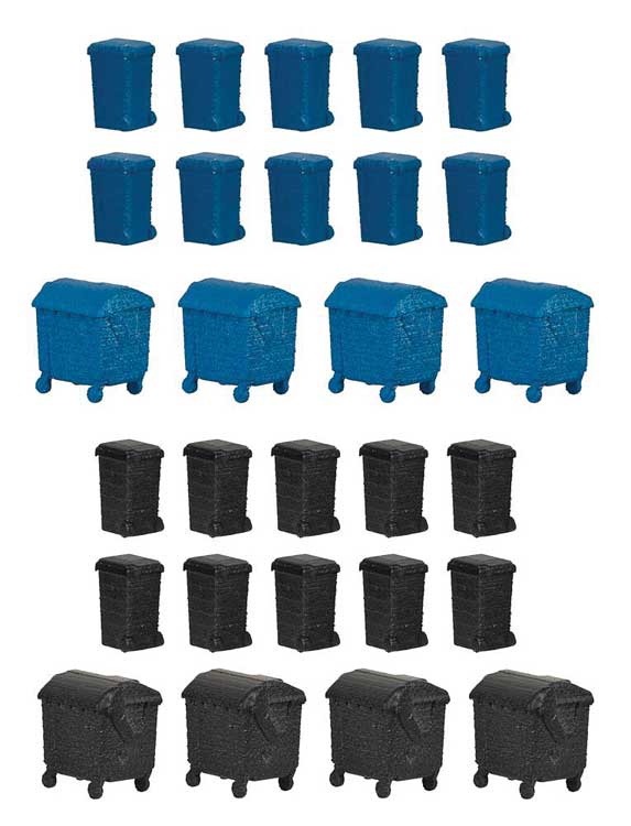 Garbage Dumpster Set - Kit -- 8 Dumpsters on Wheels, 20 Wheeled Garbage Bins-3