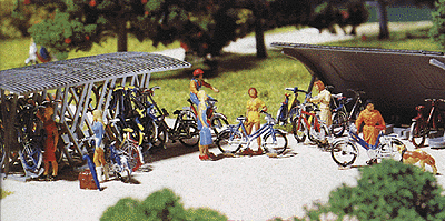 2 Bicycle Stands & 16 Bikes -- 2-1/4 x 1-1/8"  5.9 x 2.7cm   2 x 5/8"  5.1 x 1.7cm