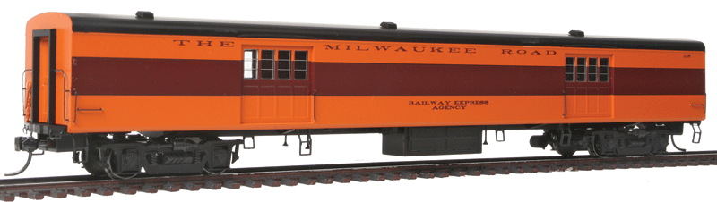 Milwaukee Road 1935-Built Express Car - Ready to Run -- Milwaukee Road #1115 (1952 Scheme, orange, maroon, orange Letterboard)