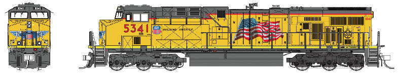 GE ES44AC, 3-Windows, High Rear Light, Hi-Ad Trucks, PTC Antenna - Standard -- Union Pacific #5414 (Armour Yellow, gray; U.S. Flag & Building America Logo)