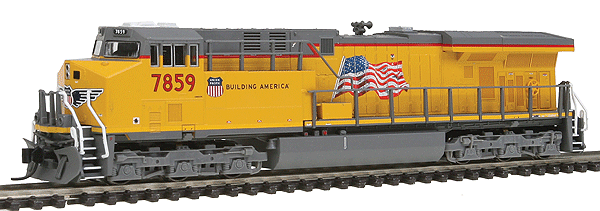 GE ES44AC w/4-Window Cab, Low Rear Headlight & Hi-Ad Trucks - Standard DC -- Union Pacific #7859 (Armour Yellow, gray, Building America Logo & Flag)