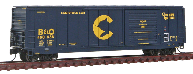 50' Canstock Boxcar - Ready to Run -- Chessie System/B&O #480858 (blue, yellow, white Fiberglass Roof Panel)