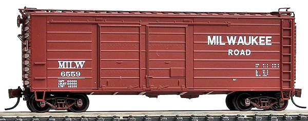 Milwaukee Road Ribside Double-Door Boxcar - Ready to Run -- Milwaukee Road #6559 (Boxcar Red, Billboard Lettering)