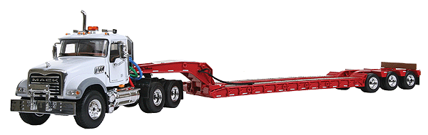 Mack Tractor/Trailer (Die Cast Metal) -- Mack Granite MP w/Lowboy Trailer (white cab, red trailer)