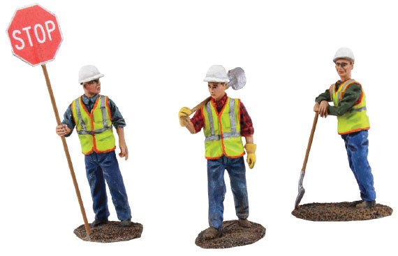 Die Cast Construction Figure Set #1 -- One Each: Flagman, Shovel Over Shoulder, Leaning on Shovel