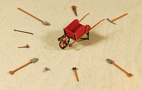 Wheelbarrow & Tool Set - Kit (Laser-Cut Wood) -- Wheelbarrow, 3 Shovels, 2 Hammers, Pry Bar, Pick, Saw, Sledge Hammer