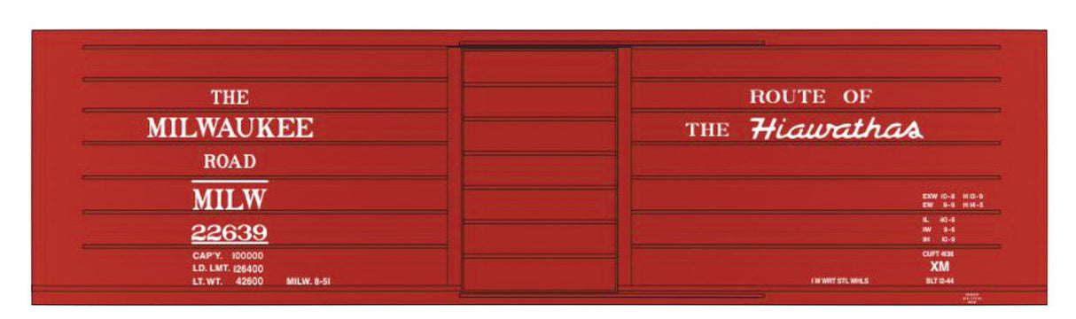 Railroad Decal Set 6-Pack -- Milwaukee Road Ribbed-Side Boxcar w/Hiawathas Slogan