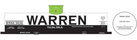 Railroad Decal Set 6-Pack -- Warren WRNX 8,000-Gallon Gasoline Tank Car (white & black car)