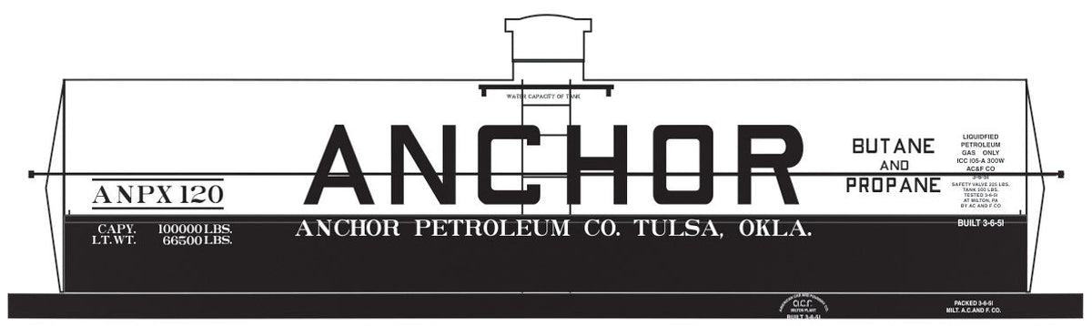Railroad Decal Set 6-Pack -- Anchor ANPX 10,000-Gallon LPG Tank Car (white & black car)