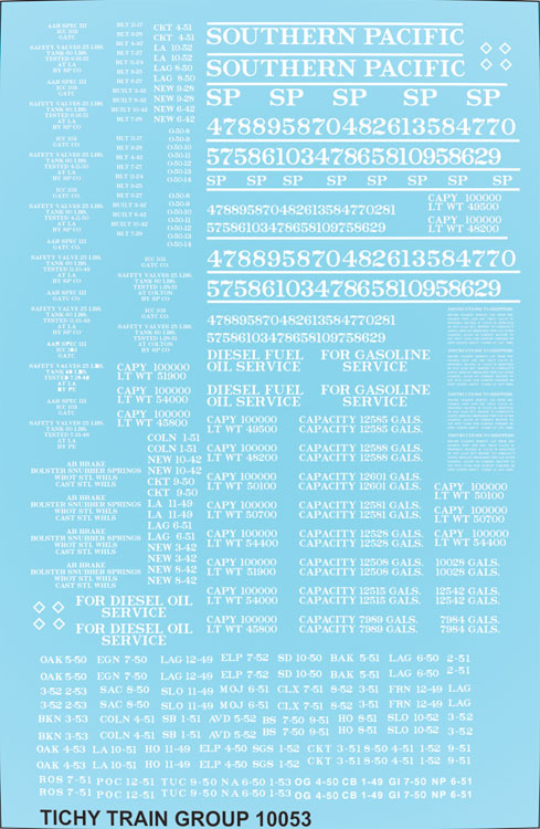 Railroad Decal Set 6-Pack -- Southern Pacific MOW Tank Cars (white lettering)