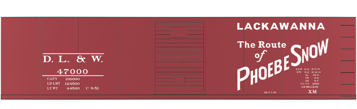 Railroad Decal Set -- Delaware, Lackawanna & Western 40' Steel Single-Door Boxcar (1950s Phoebe Sn