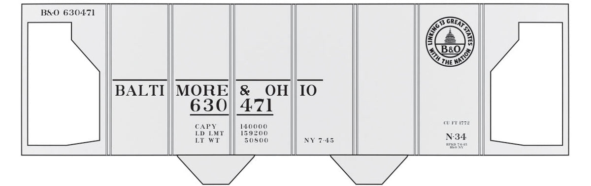 Railroad Decal Set -- Baltimore & Ohio Class N-34 2-Bay Covered Hopper (13 States Logo)