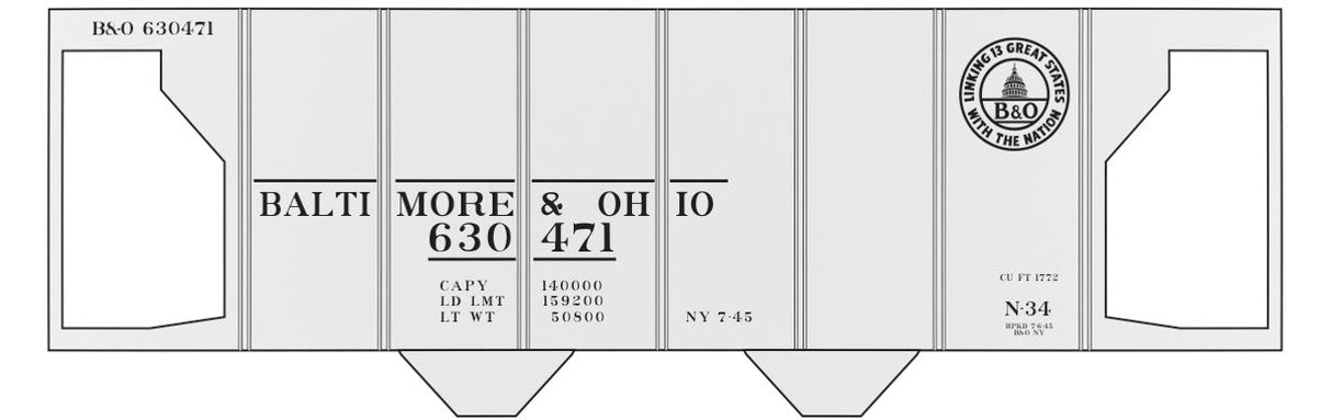 Railroad Decal Set -- Baltimore & Ohio Class N-34 2-Bay Covered Hopper (13 States Logo)