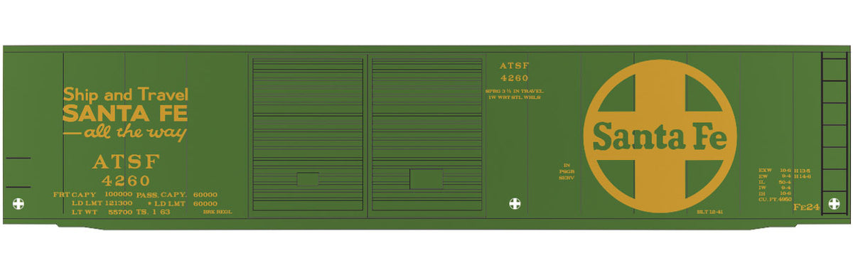 Railroad Decal Set -- Santa Fe 50' Express Boxcar (green car, Large Logo, Ship & Travel Slogan)