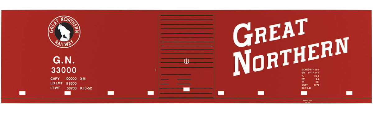Railroad Decal Set -- Great Northern 40' Steel Boxcar (red car, Slant Roadname, Rocky Silhouette)