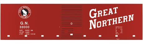 Railroad Decal Set -- Great Northern 40' Steel Boxcar (red car, Slant Roadname, Rocky Silhouette)