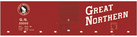 Railroad Decal Set -- Great Northern 40' Steel Boxcar (red car, Slant Roadname, Rocky Silhouette)