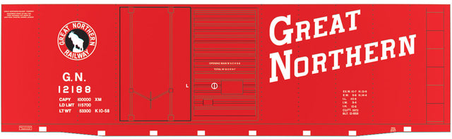 Railroad Decal Set -- Great Northern 40' Double-Door Boxcar (red, Slant Roadname, Rocky Silhouette