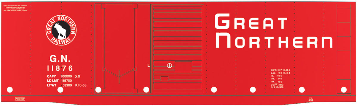 Railroad Decal Set 6-Pack -- Great Northern 40' Double-Door Boxcar (red, Empire Lettering, Rocky)