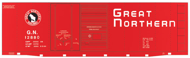 Railroad Decal Set -- Great Northern 40' Double-Door Boxcar (red, Empire Letter, Square Frame Stri