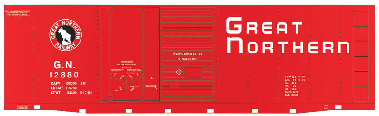 Railroad Decal Set -- Great Northern 40' Double-Door Boxcar (red, Empire Letter, Square Frame Stri