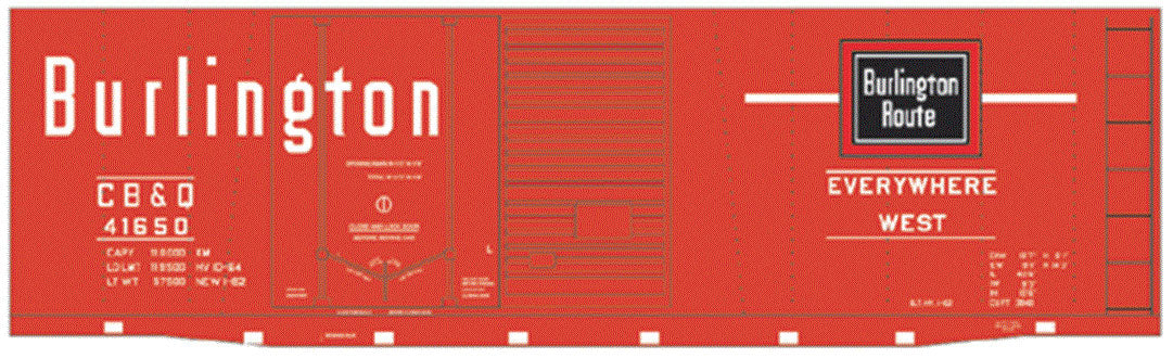 Railroad Decal Set -- Chicago, Burlington & Quincy 40' Double-Door Boxcar (Chinese Red Car)
