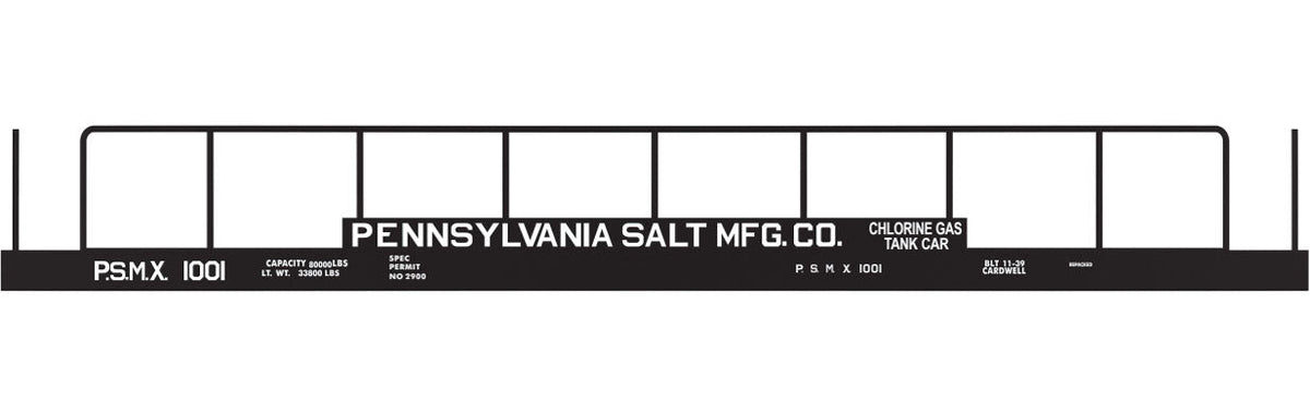 Railroad Decal Set -- Pennsylvania Salt PSMX Chlorine Tank Flatcar