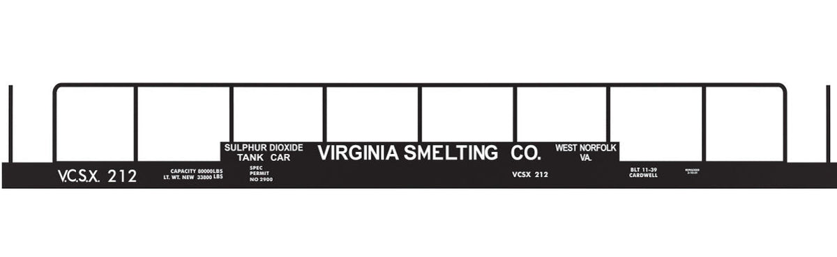 Railroad Decal Set -- Virginia Smelting VCSX Sulphur Dioxide Tank Flatcar