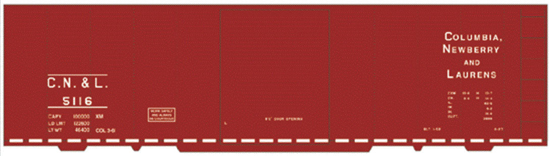 Railroad Decal Set -- Columbia, Newberry & Laurens 40' Steel Boxcar