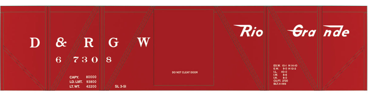 Railroad Decal Set -- Denver & Rio Grande Western 40' Single-Sheathed Wood Boxcar (Flying Grande)