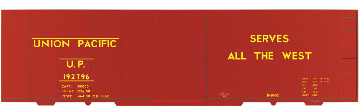 Railroad Decal Set -- Union Pacific 40' Steel Boxcar (Serves the West Slogan, All Yellow Lettering