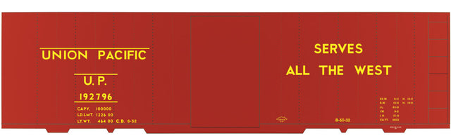 Railroad Decal Set -- Union Pacific 40' Steel Boxcar (Serves the West Slogan, All Yellow Lettering