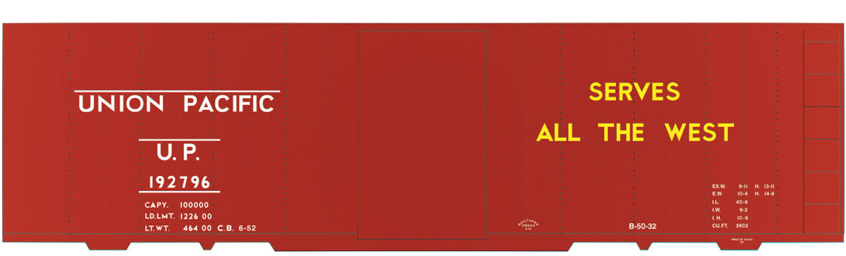 Railroad Decal Set -- Union Pacific 40' Steel Boxcar (Serves all the West, White & Yellow Letterin