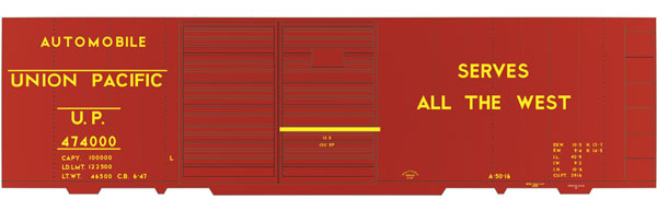 Railroad Decal Set -- Union Pacific 40' Steel Auto Boxcar (Serves the West, All Yellow Lettering)