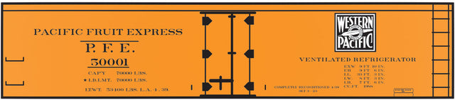 Railroad Decal Set -- Pacific Fruit Express/Western Pacific 40' Wood Reefer (Dual Color Logo)