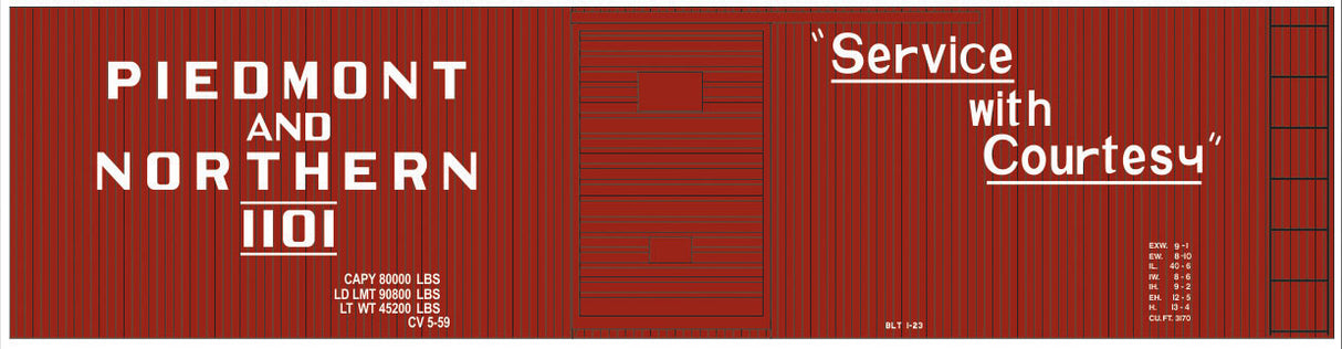 Railroad Decal Set -- Piedmont & Northern 40' Double-Sheathed Boxcar (Courtesy Slogan)