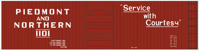 Railroad Decal Set -- Piedmont & Northern 40' Double-Sheathed Boxcar (Courtesy Slogan)