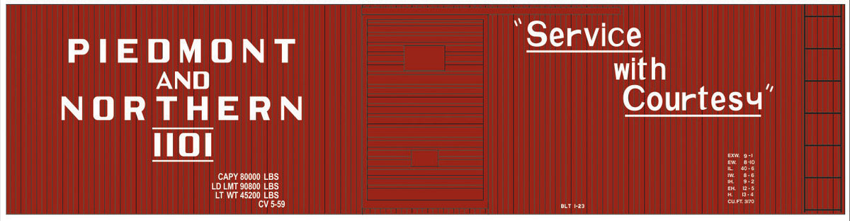 Railroad Decal Set -- Piedmont & Northern 40' Double-Sheathed Boxcar (Courtesy Slogan)