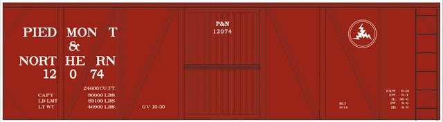Railroad Decal Set -- Piedmont & Northern 40' Single-Sheathed Boxcar