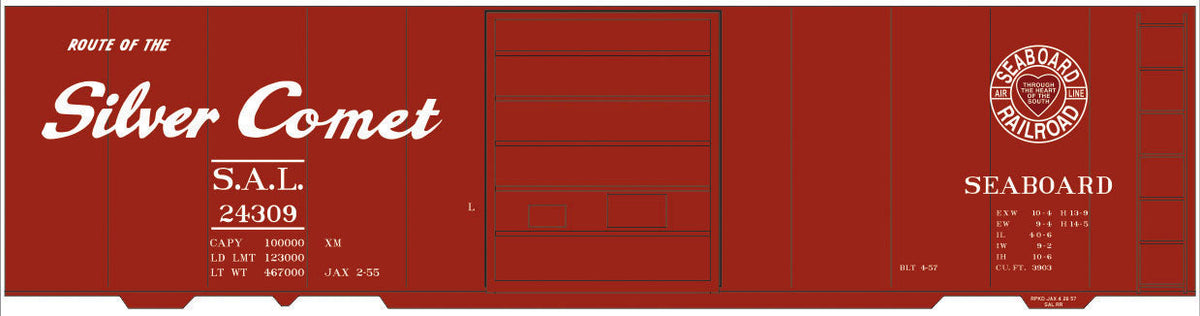Railroad Decal Set -- Seaboard Air Line 40' Steel Boxcar (Silver Comet Logo)