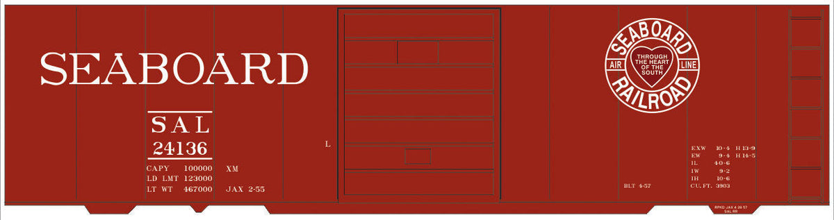 Railroad Decal Set -- Seaboard Air Line 40' Steel Boxcar (Heart Logo, Large Seaboard)