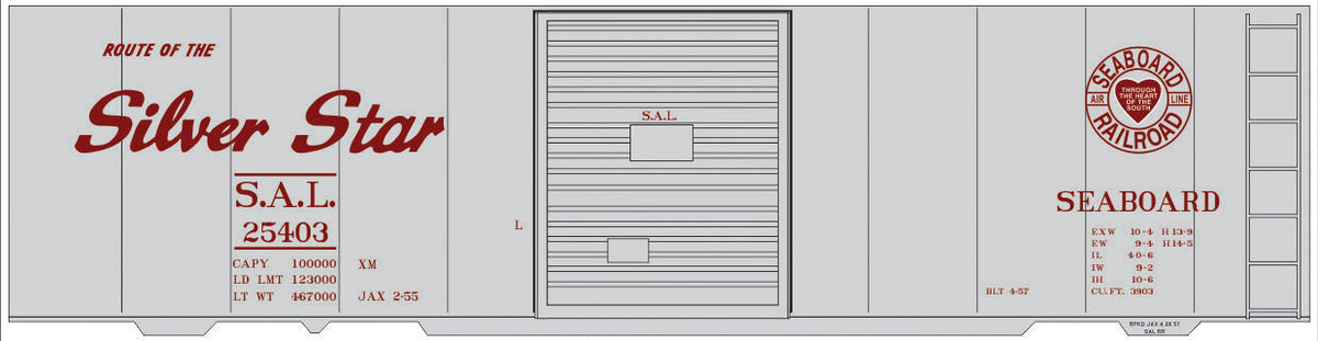 Railroad Decal Set -- Seaboard Air Line 40' Steel Boxcar (Gray Car, Red Lettering, Silver Star Log