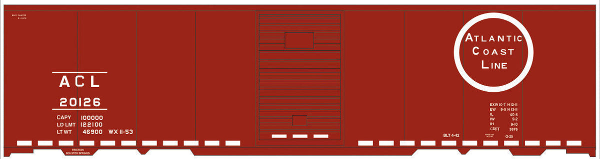 Railroad Decal Set -- Atlantic Coast Line 40' Steel Boxcar (Circle Logo, Dashed Line Frame)