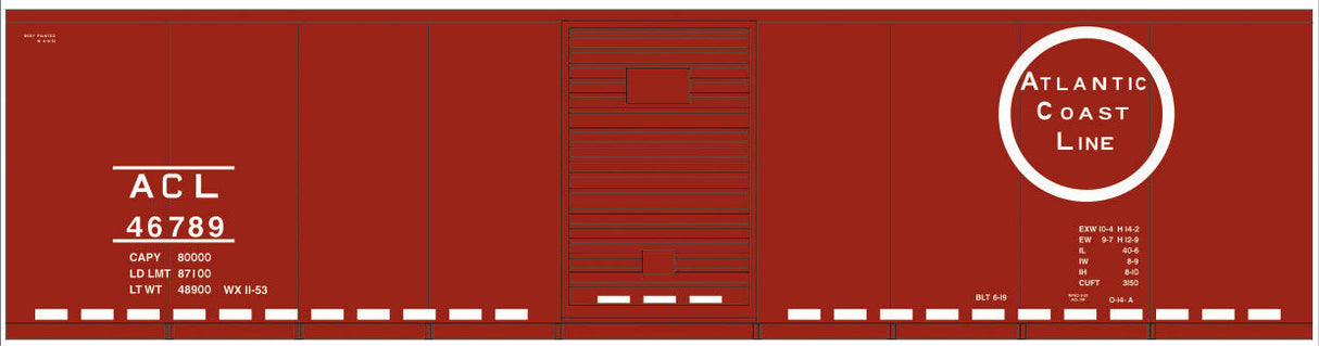 Railroad Decal Set -- Atlantic Coast Line 40' Steel Boxcar (Circle Logo, Dashed Line Frame)