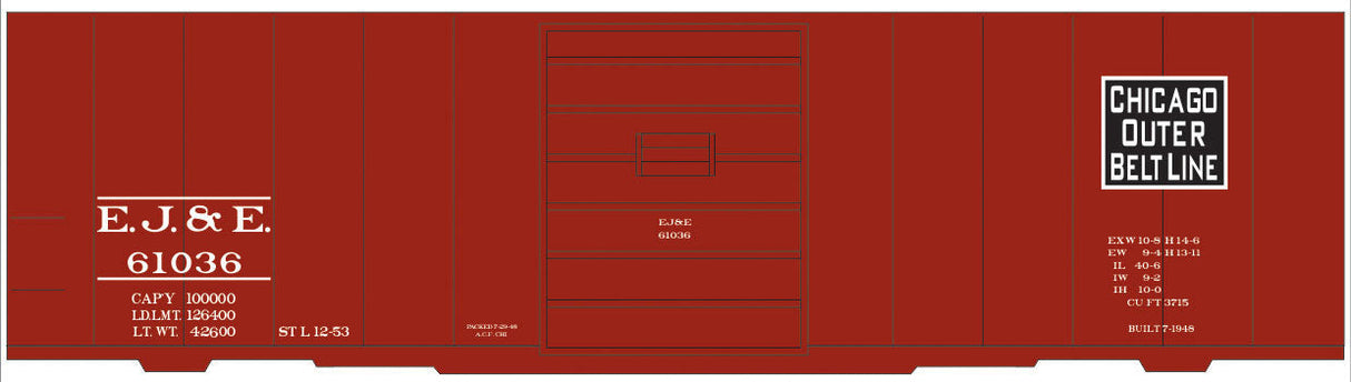 Railroad Decal Set -- Elgin, Joliet & Eastern 40' Steel Boxcar (black Rectangular Outer Belt Line)